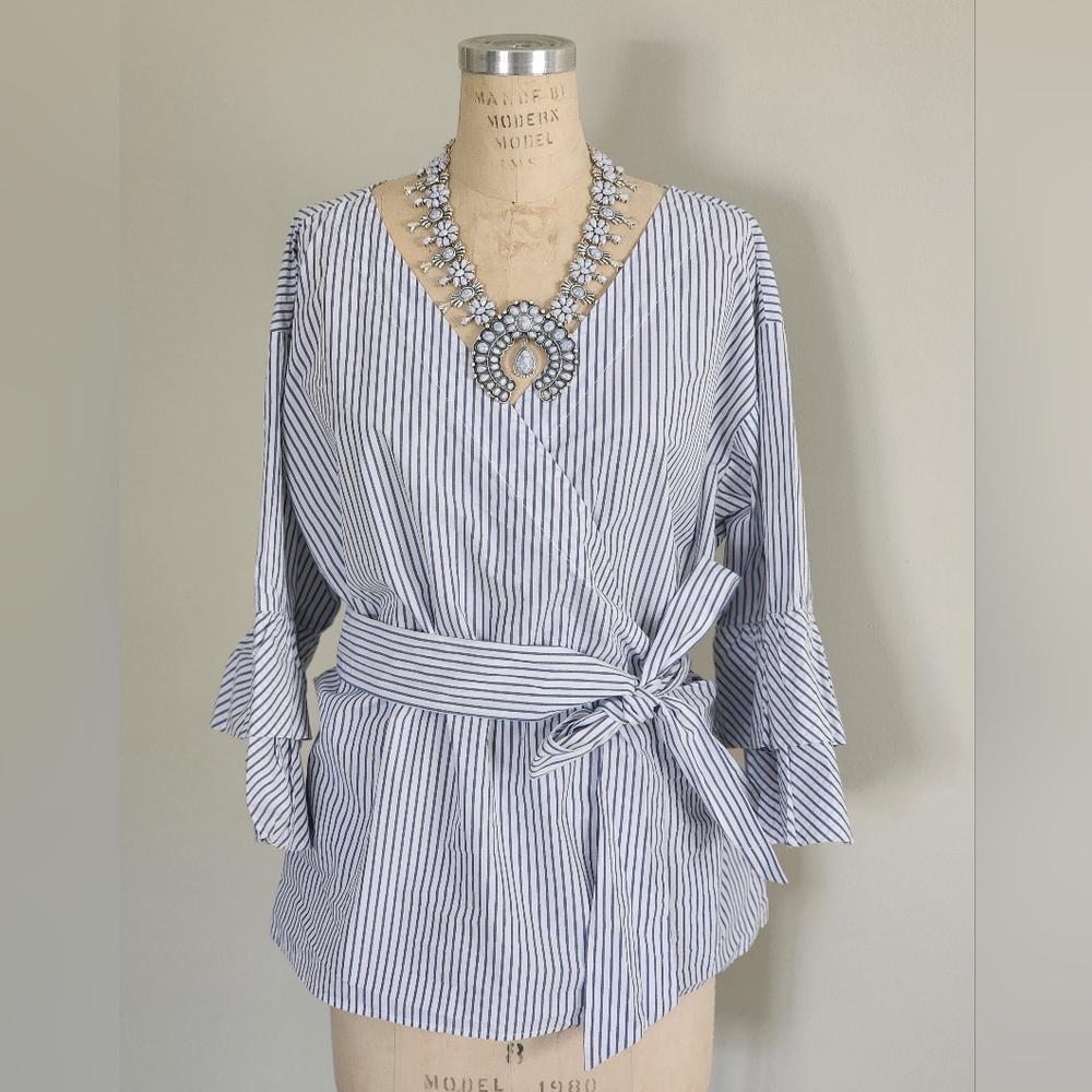 Pinstrip wrapover top with ruffles